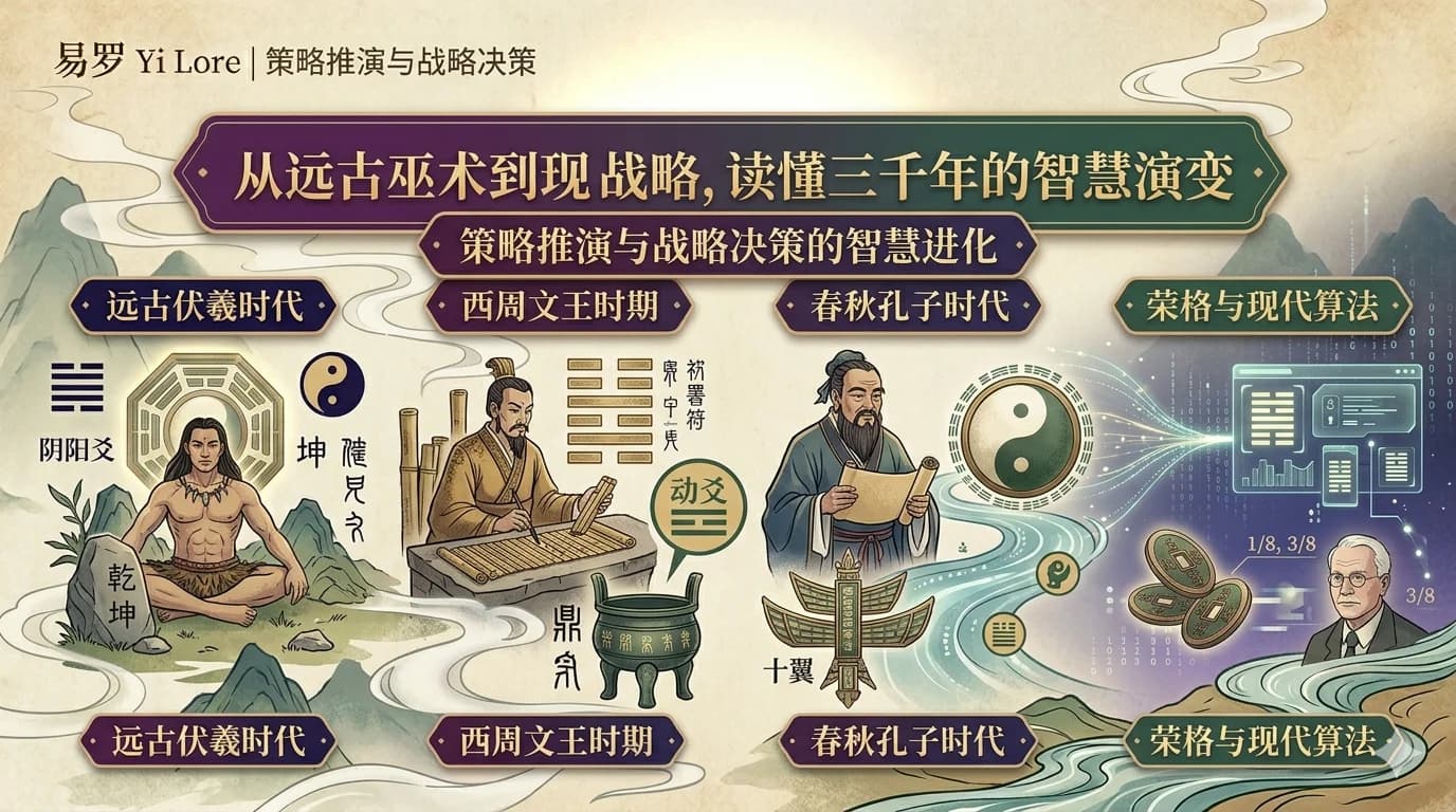 易经三千年智慧演变历史时间轴：伏羲、周文王、孔子、荣格与现代算法四个阶段